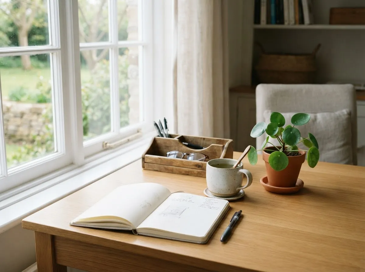 Clean workspace with Sanell bottle and water glass